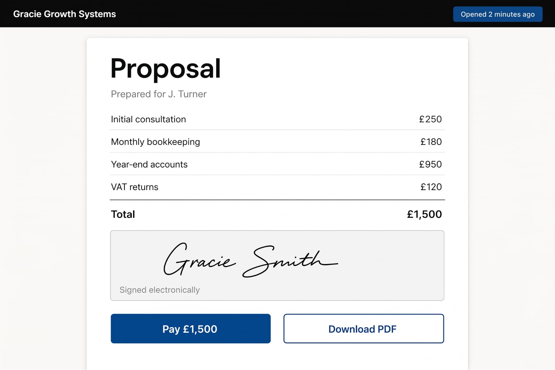 Branded proposal document with line items, e-signature and payment button